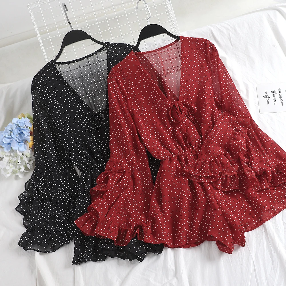 

Women V-Neck Flare Sleeve Polka Dot Rompers Jumpsuits Casual Bohemian Slim High Waist Lace Up Bandage Ruffles Chiffon Playsuits