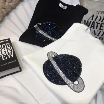 

Handmade Sequins Embroidered Planet Cotton Blended T-shirt O-neck Saturn Beading Tees Short-sleeved Bottoming Shirt Crop Tops