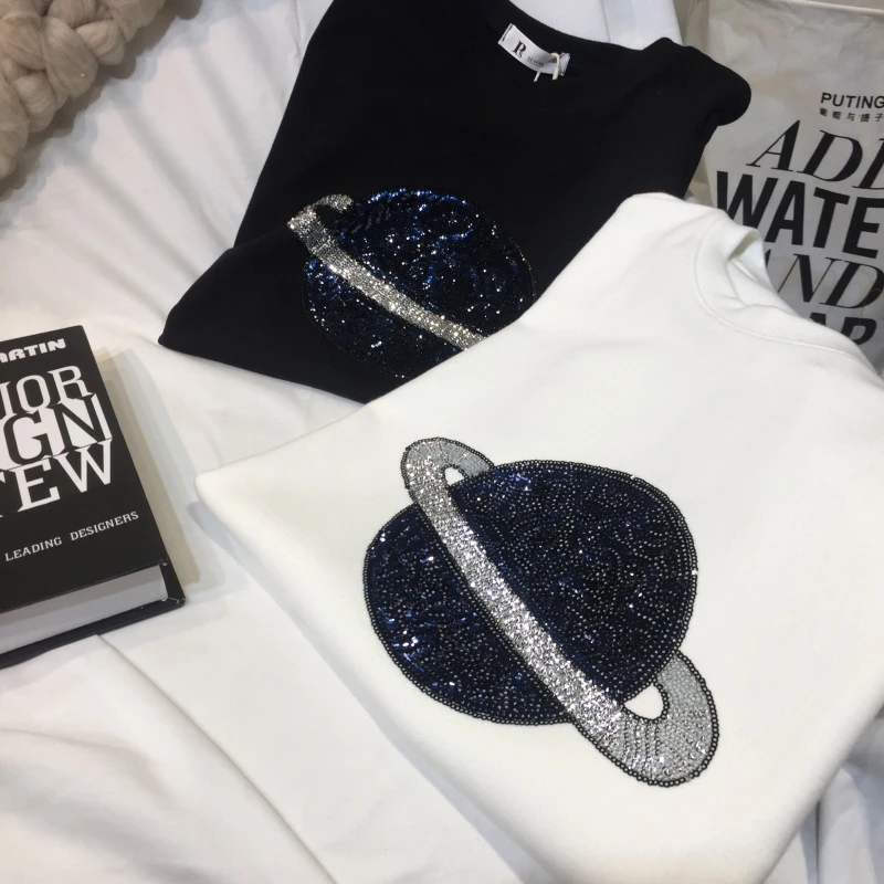 手作りスパンコール刺繍惑星綿ブレンド Tシャツ O ネック土星ビーズボト Tシャツ半袖シャツ作物トップス T Shirts Aliexpress