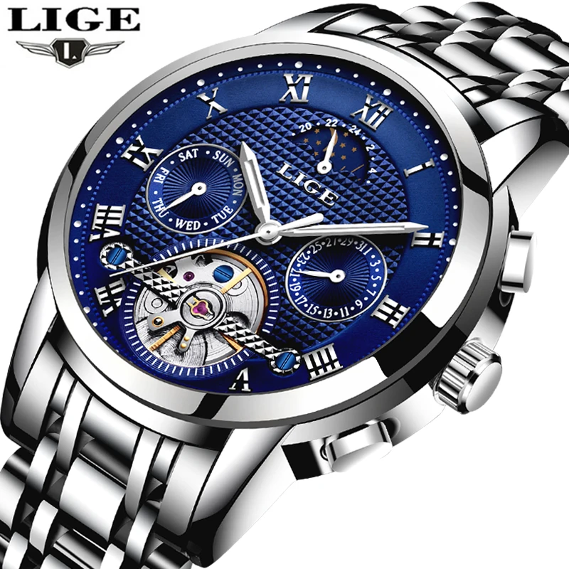 

LIGE Watch Men Business Moon phase Clock Mens Watches Brand Luxury Fashion Casual Sport Mechanical Wristwatch Relogio Masculino
