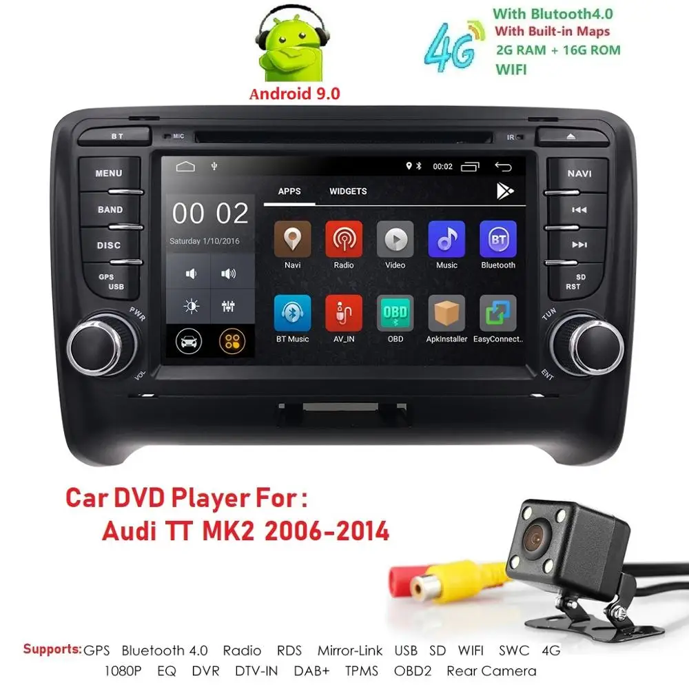 

Ossuret 7'' Android 9.0 4G 2G+16G WIFI car stereo car radio GPS player HD BT multimedia system for Audi TT MK2(2006-2014)SD OBD2