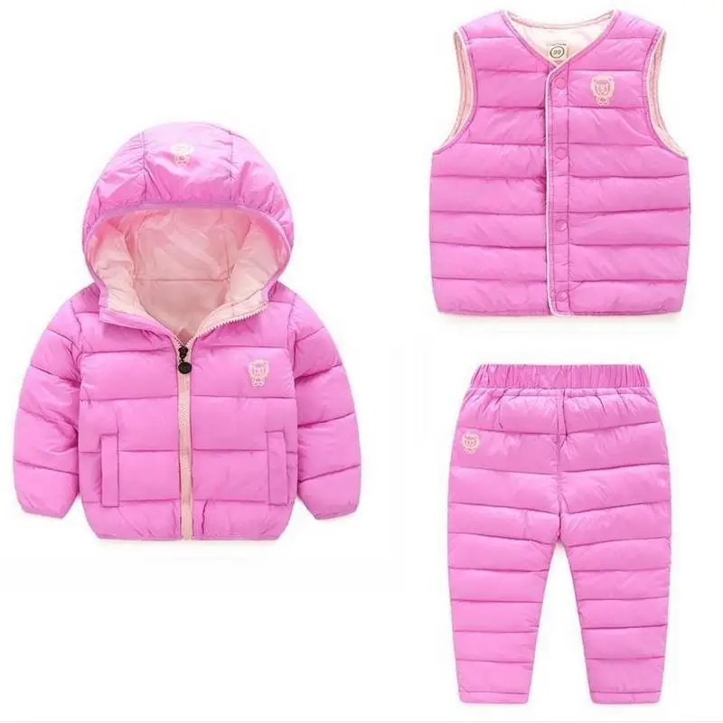 Коллекция года, зимние комплекты одежды для маленьких девочек и мальчиков детское пуховое пальто с хлопковой подкладкой+ жилет+ штаны, теплая верхняя одежда для малышей, Suits1-7Y