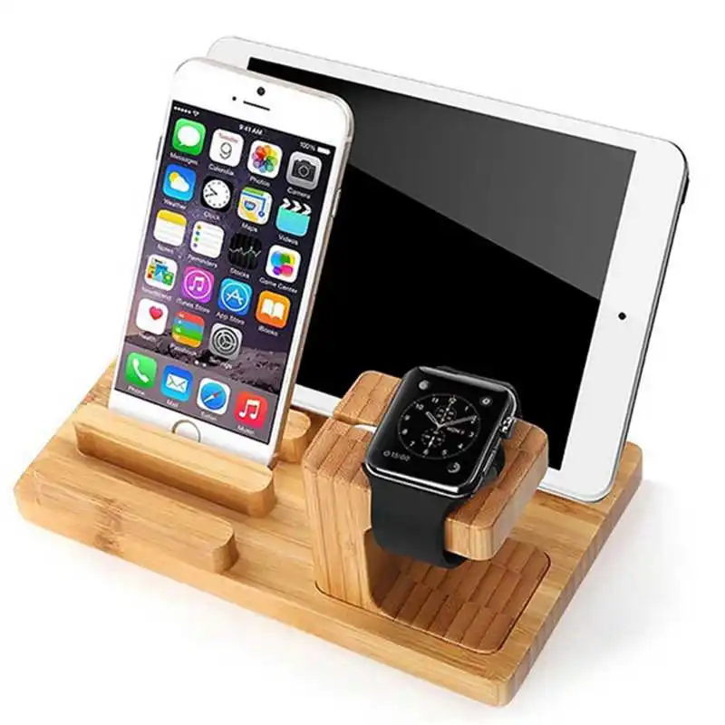  High Quality Multifunctional Bamboo USB Charging Dock Phone Tablet Holder Mount for Apple Watch Pho