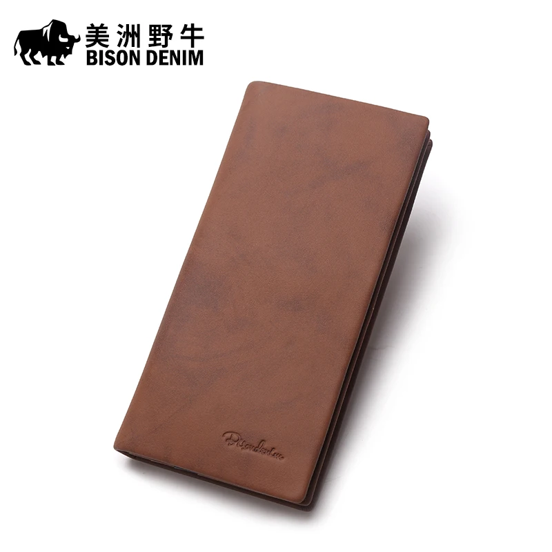

BISON DENIM Brand Men Wallet Genuine Leather Credit Card Holder Cowhide Purse Credit Card Wallet Men's Long Wallet Free Shipping