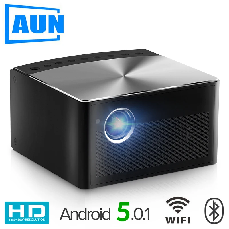 

AUN Smart Projector H1, 1300 ANSI Lumens. Memory: 2G+16G. Build in Android, WIFI, HD in. MINI LED Projector. 1080P Home Theater