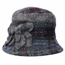 Женские зимние шерстяные плед ведро шляпа с цветком шапочки зимние шапки для женщин W10-3198