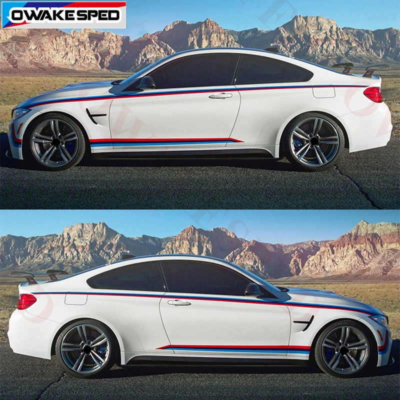 Kopen Tricolor Strepen PRESTATIES Auto Taille Lijnen Sticker Deur Side Decal Voor BMW M Sport F20 F30 F10 F23 F45 F34 f80 E90 E82 F32 F82