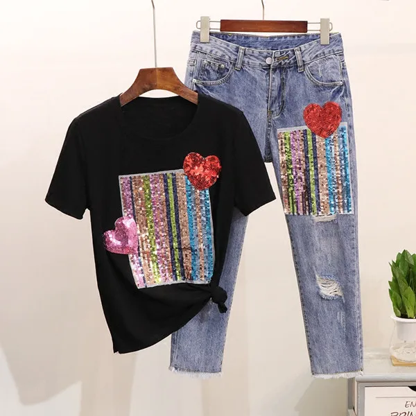 M-5XL, женские летние расшитые блестками Футболки с сердцем, джинсовые штаны, комплекты, хлопковая футболка+ штаны длиной до щиколотки, брюки с дырками, комплект из 2 предметов - Цвет: black 2 piece set
