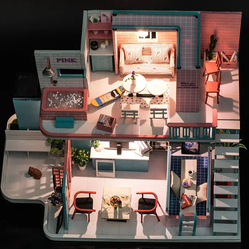 Pink Coffee Cafe DIY Doll House Wooden Doll Houses Miniature Dollhouse Furniture Kit with LED Toys for Children Christmas Gift