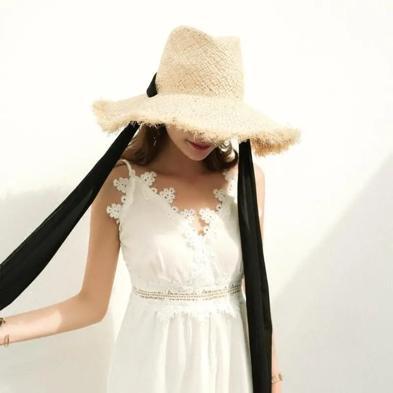 Preise Handgemachte Webart 100% Bast Sun Hüte Für Frauen Schwarz Band Spitze Up Große Krempe Stroh Hut Im Freien Strand Sommer Caps chapeu Feminino