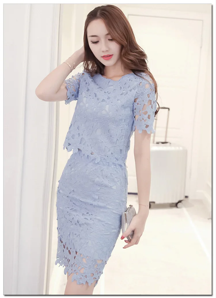 Women Lace Set  O Neck Crop Tops And Skirt Hollow Out Female Suit White Blue Pink 2 Pieces (17)