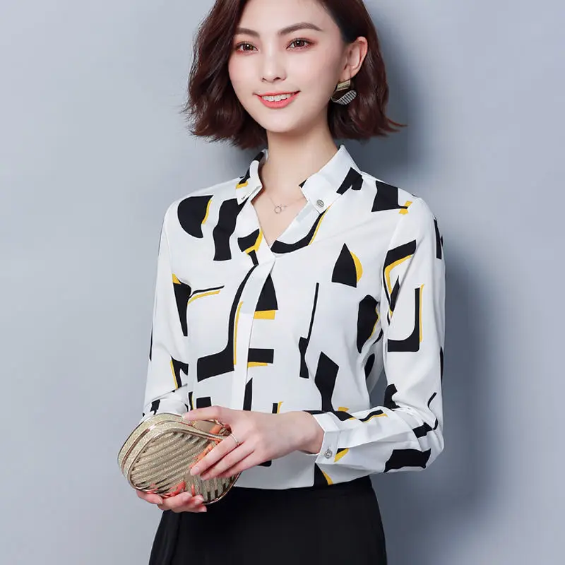  Women Tops Blouses 2019 Spring&summer Elegant Long Sleeve Striped V-Neck Chiffon Blouse Female Work