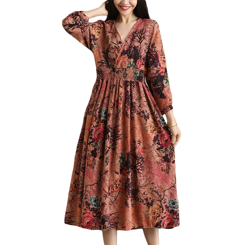 

Fashion 2019 New Women Dresses Cotton Linen Spring Summer Dress Casual Print Floral V-Neck Chinese Style Vintage Dress