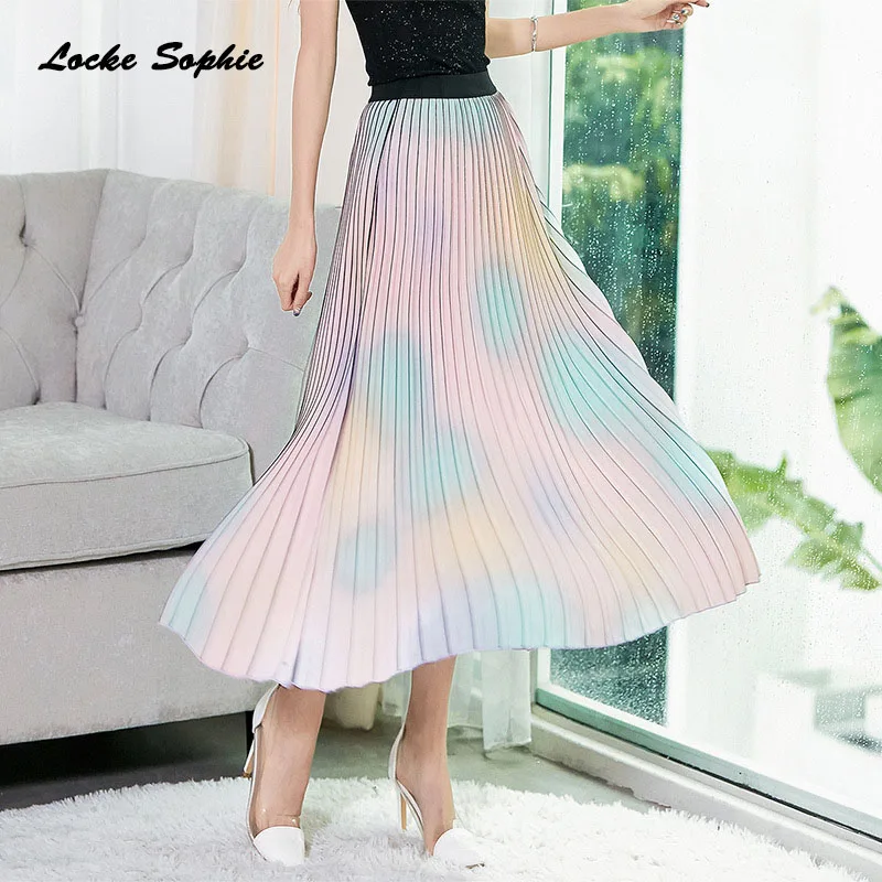

1pcs Hight waist Women's Plus size Pleated skirts 2019 Summer Chiffon Splicing Rainbow Pleated long skirt Ladies Casual skirts