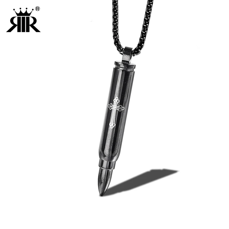 

RIR Fashion Bullet Cremation Urn For Ash Pendant Necklace Gold Black Stainless Steel Sniper Open Bullet Necklaces Unisex Jewelry