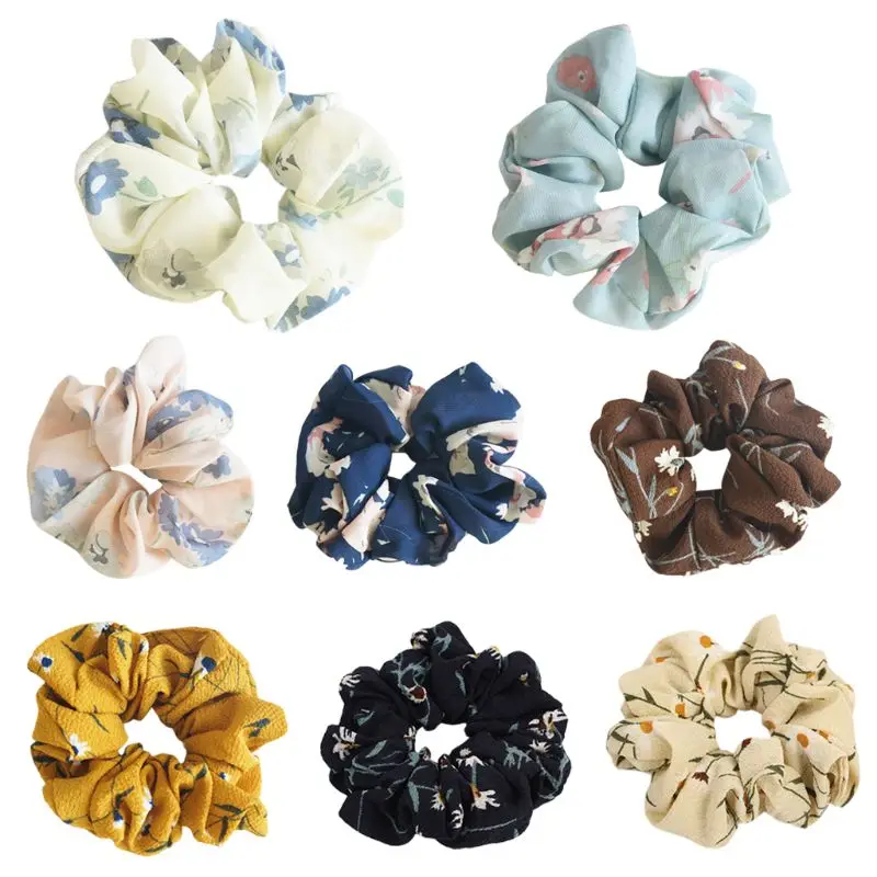 

Women Girl Korean Chiffon Ruched Large Intestine Hair Rope Colored Floral Printed Ponytail Holder Summer Spring Scrunchies