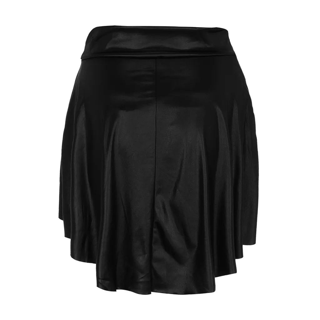 Women's Skirt Skirts faldas jupe femme shein Fashion Women Solid Black Ruched Asymmetrical Casual Faux Leather Mini Skirt#50