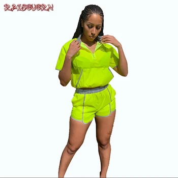 

RAISEVERN Flash Reflective Zipper Short Sleeve Hoodies Pullover Hooded Crop Top High Waist Biker Short Women 2 Piece Set 2019