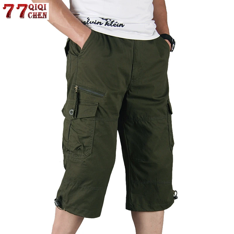 

Men's Long Length Cargo Shorts Summer Multi-Pocket Casual Cotton Elastic Capri Pants Male Military Tactical Short Hot Breeches