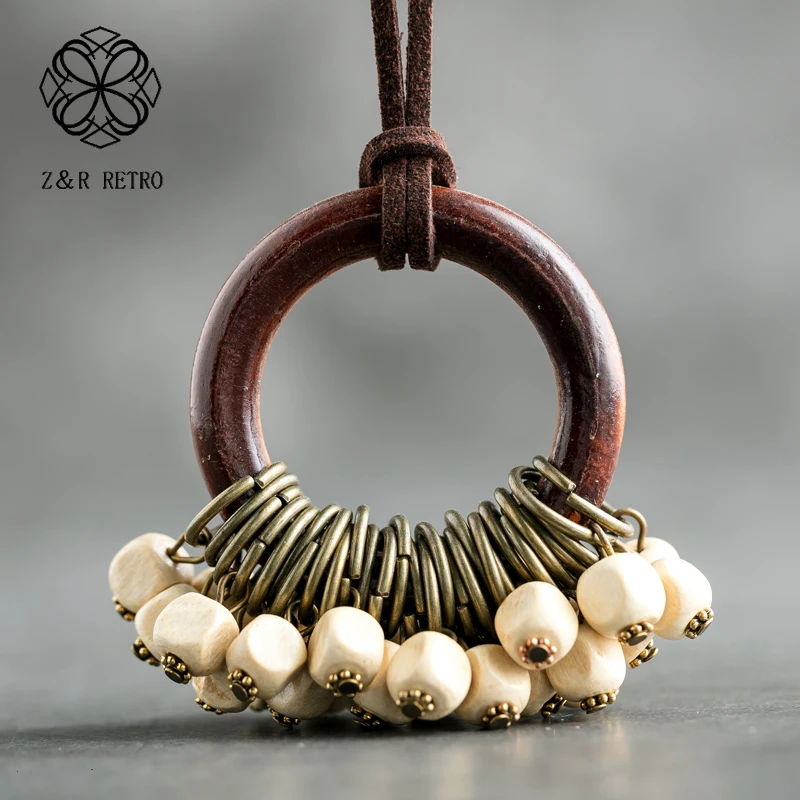 Длинное ожерелье с винтажными деревянными бусинами, веревочная цепочка, богемное ожерелье, женская одежда ручной работы, аксессуары, модные украшения для шеи