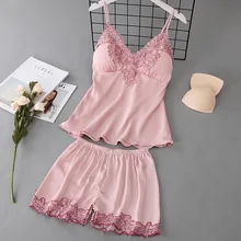 Conjunto de pijamas sensuais femininos, pijamas com shorts, seda, cetim, sem mangas, roupas para usar em casa, almofadas de peito, verão, 2019