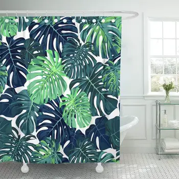 

Waterproof Shower Curtains Black Green Pattern with Monstera Palm Leaves on Dark Summer Tropical Design Blue Extra Long