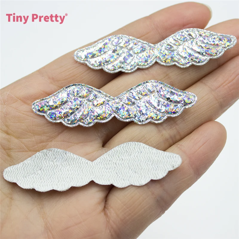 50PCS Iridescent Silver Fabric Angel Wings Embossed Glitter Angel Wing