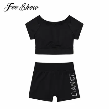 FEESHOW 여아용 탱키니 반팔 탱크 탑, 글자 반바지 하의 세트, 발레 댄스 스포츠 운동 체조