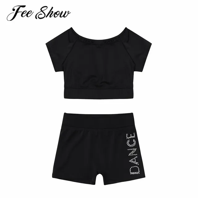 FEESHOW 여아용 탱키니 반팔 탱크 탑, 글자 반바지 하의 세트, 발레 댄스 스포츠 운동 체조