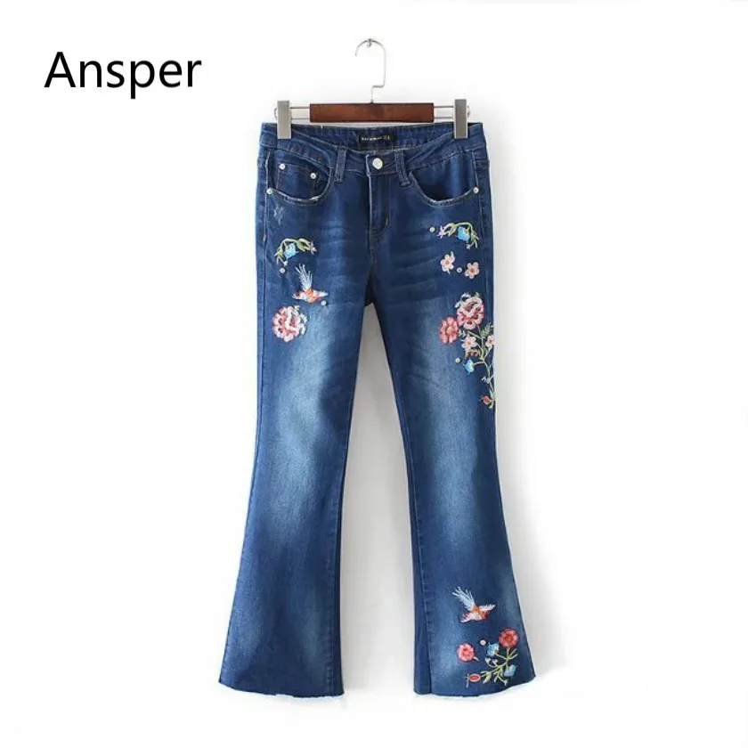 

Vintage Boyfriend Bird Flower Embroidery Jeans Denim Pants High Waist Pocket Women Slim Trousers Blue