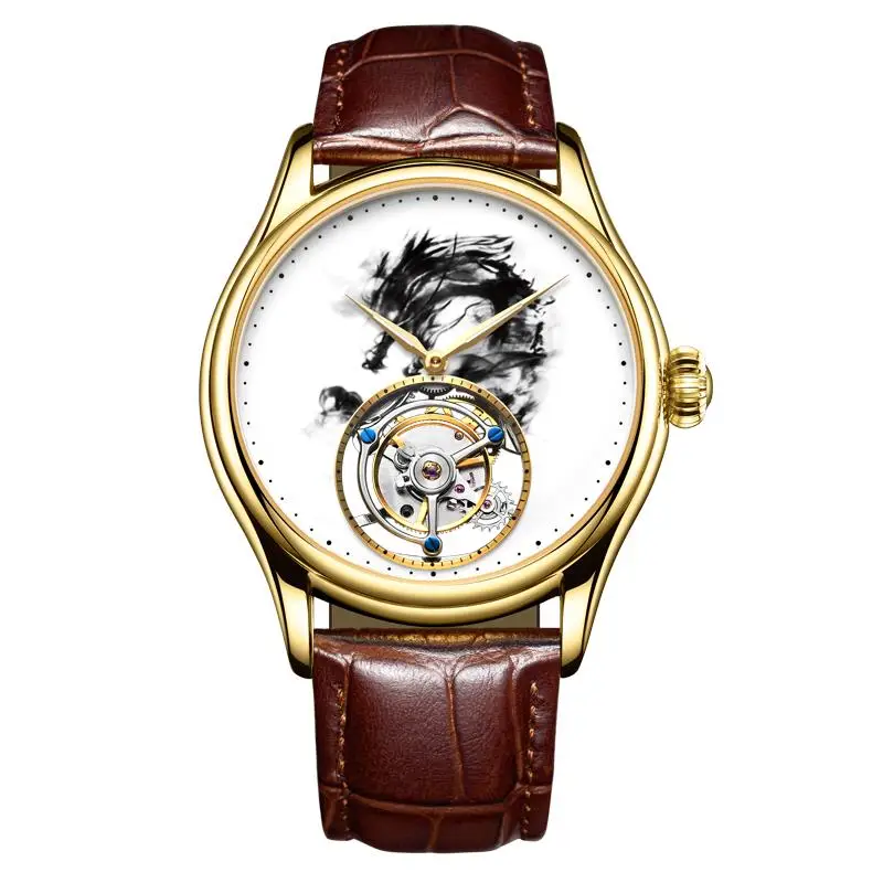 

Switzerland Real Tourbillon Watch men's mechanical watch fashion waterproof leather hollow male Chinese ink horse gold