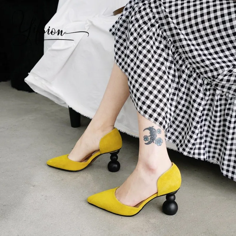 

YIFSION New Black Yellow Kid Suede Women Summer Sandals Pointed Toe Slip On Round High Heel Ladies Sandals Shoes Woman