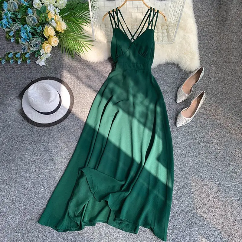

Summer Sexy Strap Maxi Dress Women Red Backless Beach Holiday Green Elegant Sundress Black Party Boho Casual White Long Dresses