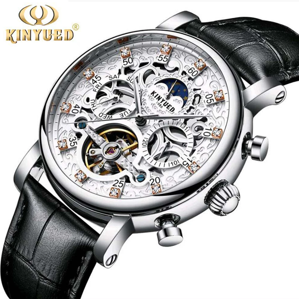 KINYUED Скелет автоматические часы для мужчин Sun Moon Phase водонепроницаемые Tourbillon