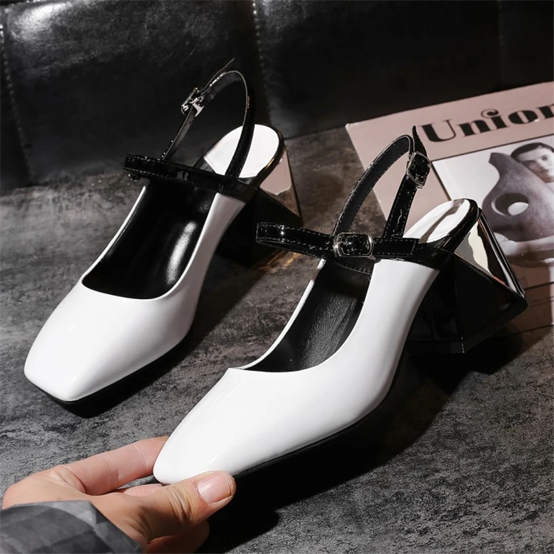 Ouqinvshen Hoof Heels White Summer Shoes Women Square Toe Buckle Mixed Colors Sandals Fashion Women Sandals 2018 6CM Big Size Ouqinvshen Hoof Heels White Summer Shoes Women Square Toe Buckle Mixed Colors Sandals Fashion Women Sandals 2018 6CM Big Size
