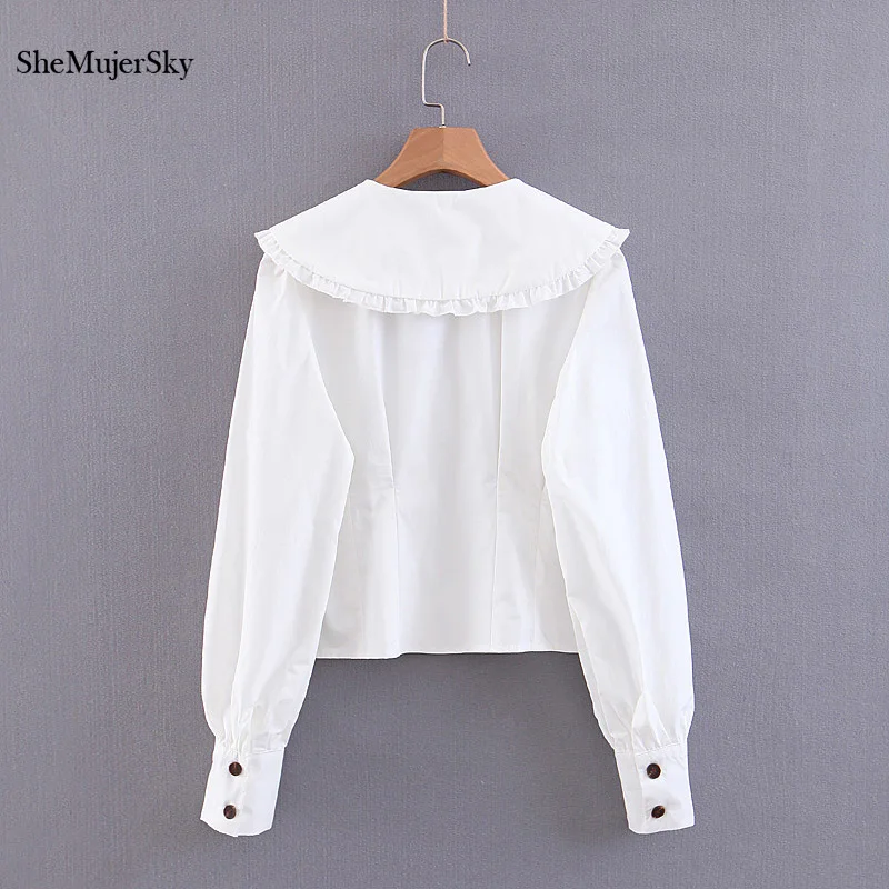 SheMujerSky/белые рубашки с длинными рукавами и пуговицами, женская блузка с воротником «Питер Пэн», весенние элегантные топы