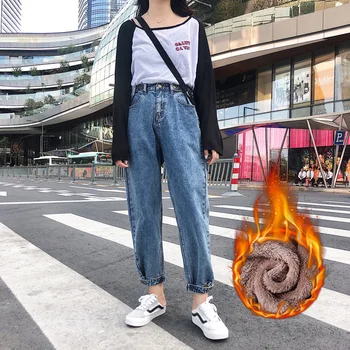 

retro Haren BF loose high waist velvet women jeans Pants Vintage warm Jeans womens pants full length pants loose cowboy pants