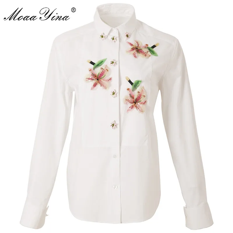 

MoaaYina High quality Fashion Cotton Blouse Summer Women lily Applique Beading Sequin White Elegant Cotton Shirt