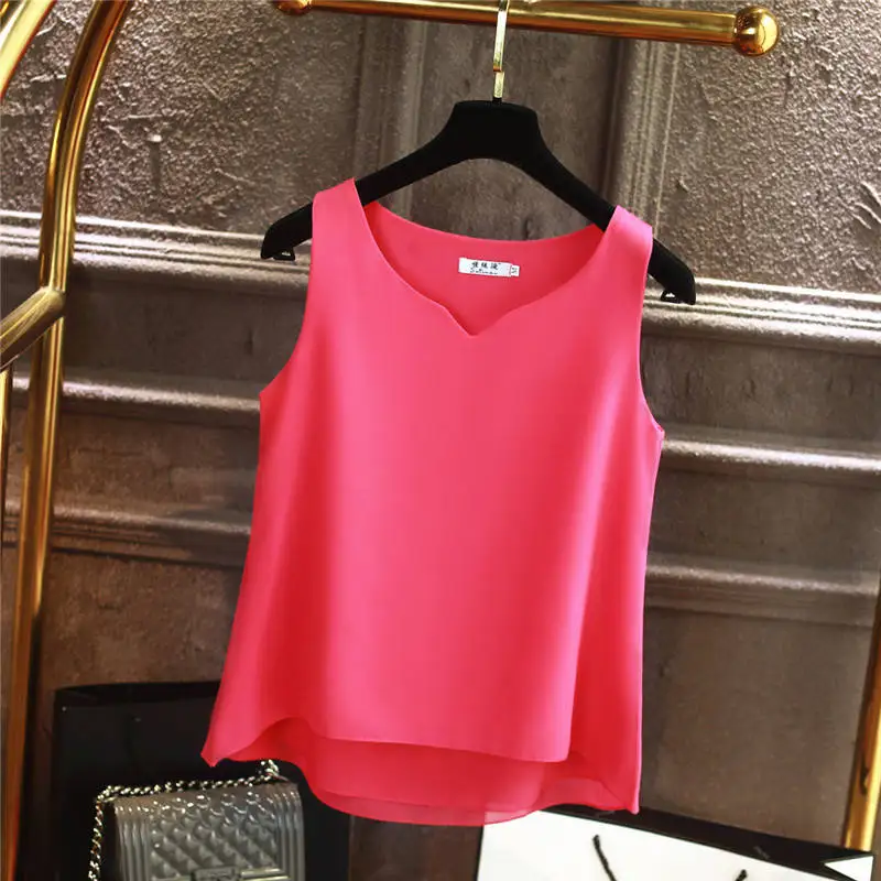 Модная Новая тонкая женская блузка Летний шифон без рукавов рубашка однотонная с v-образным вырезом Повседневная Блузка размера плюс 5XL свободные женские топы - Цвет: rose Red