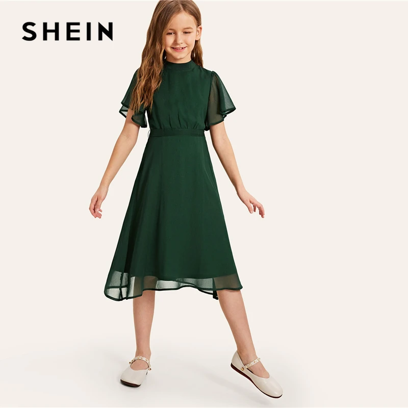 SHEIN/Детские вечерние платья зеленого цвета с разрезом на спине и поясом для девочек; коллекция года; летние платья с рукавами-бабочками; милые детские платья с расклешенными рукавами