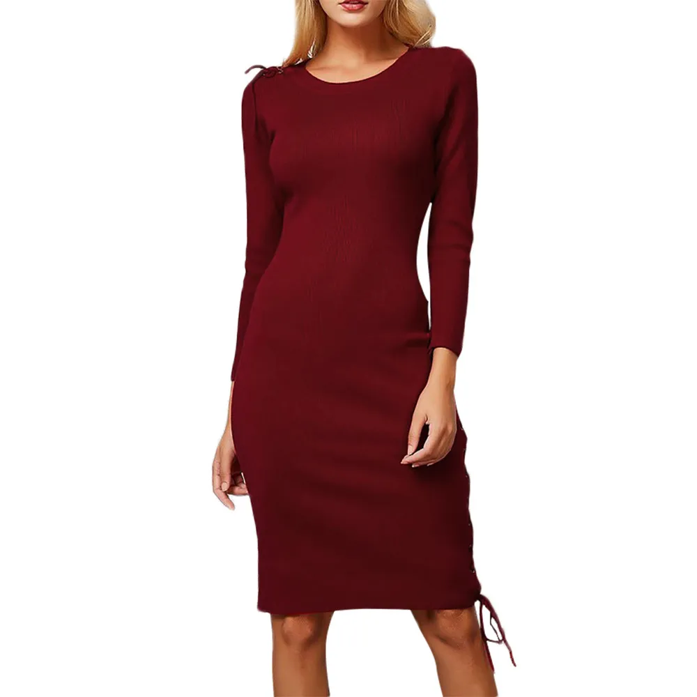 

Women Bodycon Elegant Dress Winter Sexy Long Sleeve Solid Button Knitted Sweater Pullover Dress Autumn Casual Dress Clothing