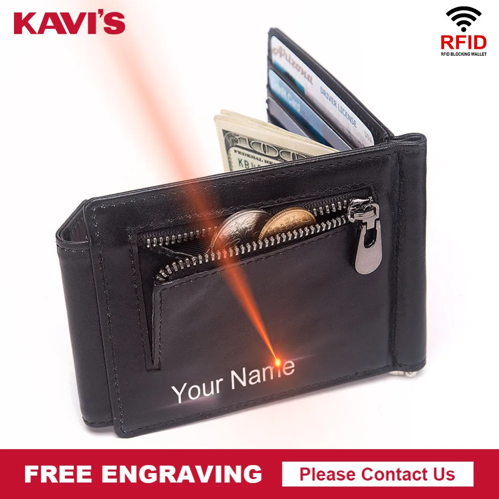 KAVIS Rfid натуральная кожа Бесплатная гравировка зажим для денег высокое качество