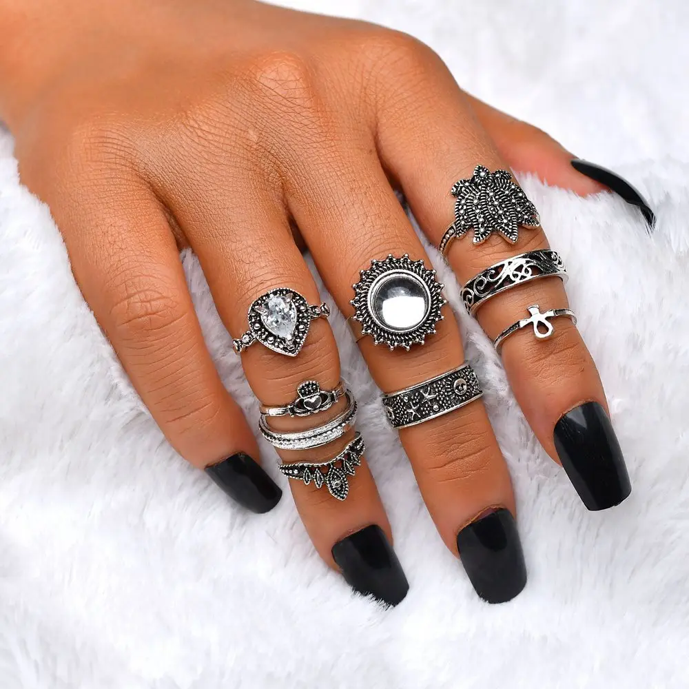 Cloaccd 9PCS/Set Vintage Big Crystal Knuckle Rings Set for Women