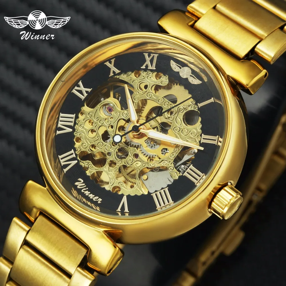 WINNER Top Brand Luxury Golden Skeleton Auto Mechanical Watch Men Lover Women Unisex Retro font b