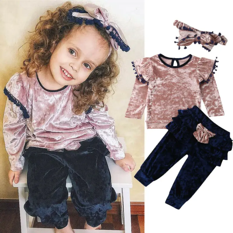 

Focusnorm 1-6T Kid Baby Girl Fall Clothes Ruffle Solid Long Sleeve Soft T-shirt Tops+Bowknot Long Pants 3 Pieces Outfits Clothes