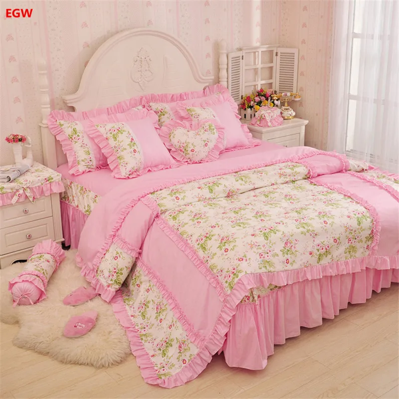 Korean princess bedding set 100cotton bed skirt set pink duvet cover