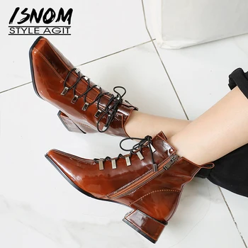 

ISNOM Thick Heels Boots Women Cow Leather Ankle Boots Square Toe Shoes Female Metal Shoes Ladies Fashion Lace Up Shoes Winter