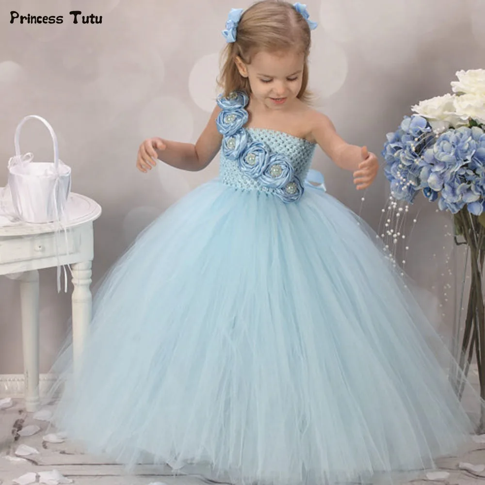 Cute Blue Flower Girls Dresses for Weddings Pink Rose Flower Kids Tutu Dresses for Girls Pageant Party Dress Children Clothes