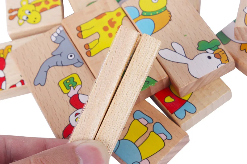 15 Pcs Wood Animal Domino Puzzle Wooden Toys for Children Jigsaw Puzzle Solitaire Game Kid's Montessori Educational Toy for Kid