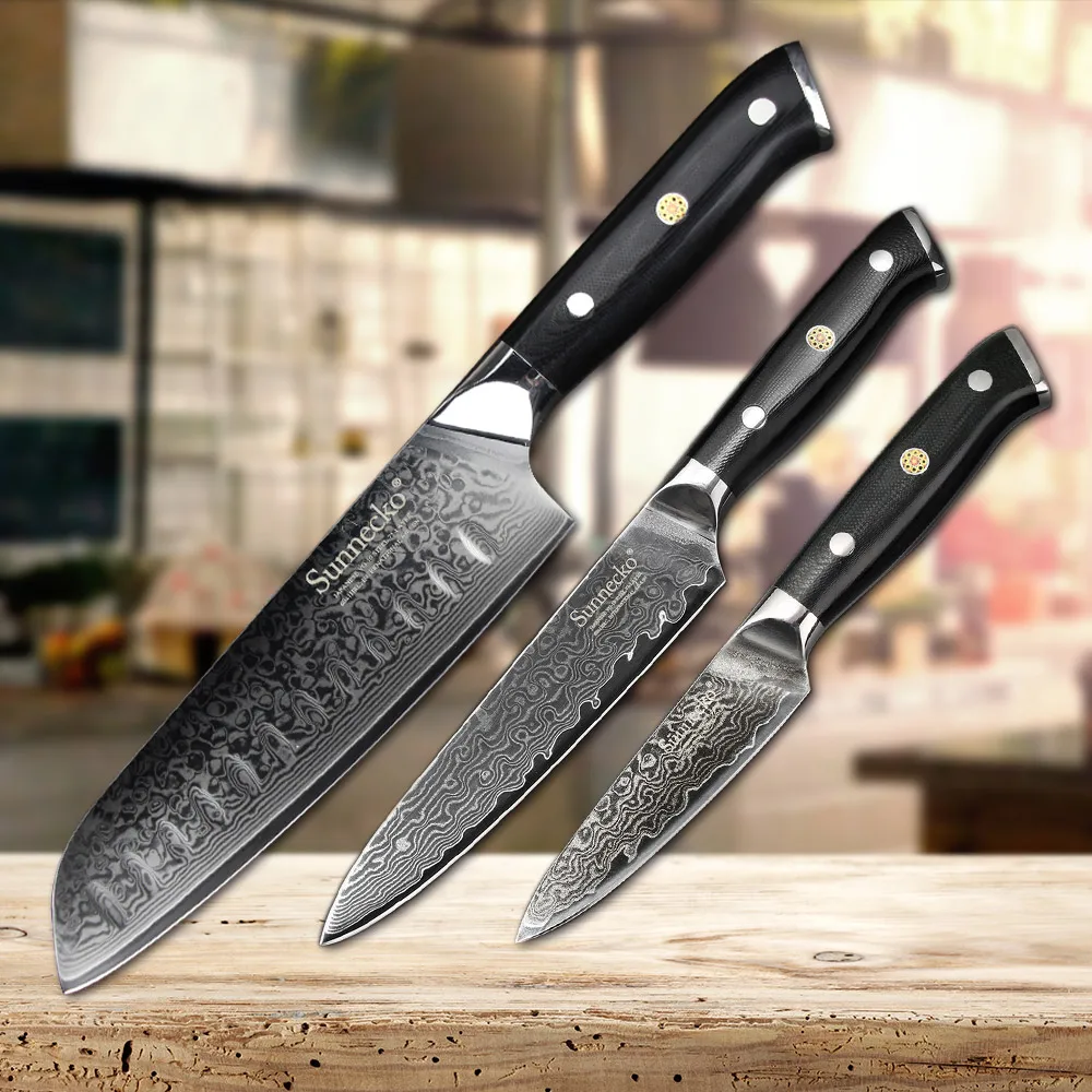 

SUNNECKO 3PCS Kitchen Knife Set Santoku Utility Paring Knife Japanese Damascus VG10 Steel Razor Sharp Cooking Knives G10 Handle